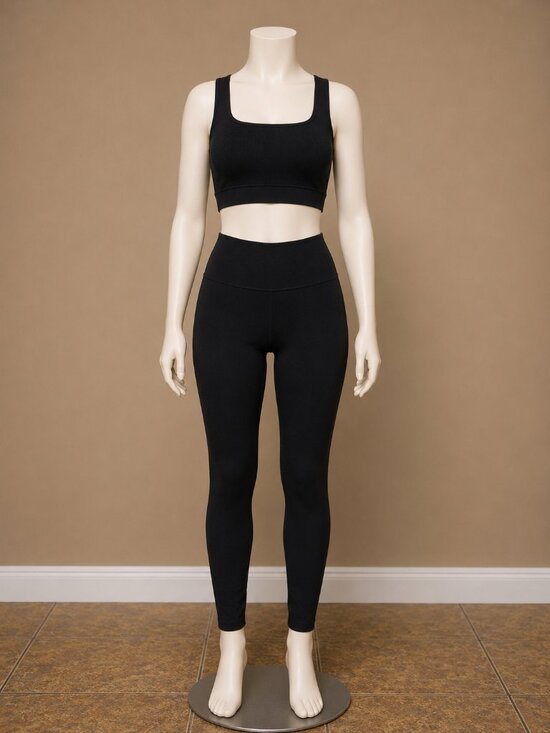 OQQ Pants - OQQ Black Seamless High-Waist Leggings & Crop Top Workout Set Athleisure Large